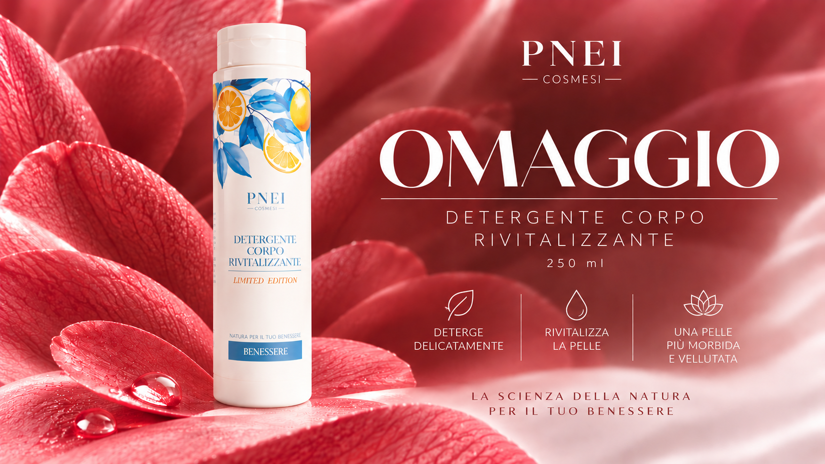 Detergente Corpo Rivitalizzante PNEI Cosmesi 250 ml ambientato tra petali di rosa, in omaggio con LIMPHAE