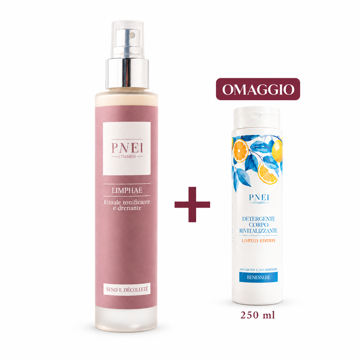 LIMPHAE 100 ml con un Detergente Corpo Rivitalizzante 250 ml in omaggio, su sfondo bianco
