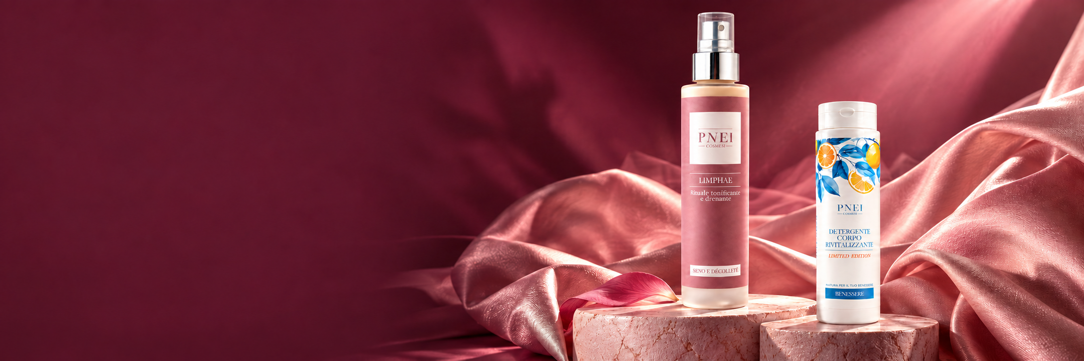 Ottobre in Rosa: LIMPHAE e Detergente Corpo Rivitalizzante su seta rosa