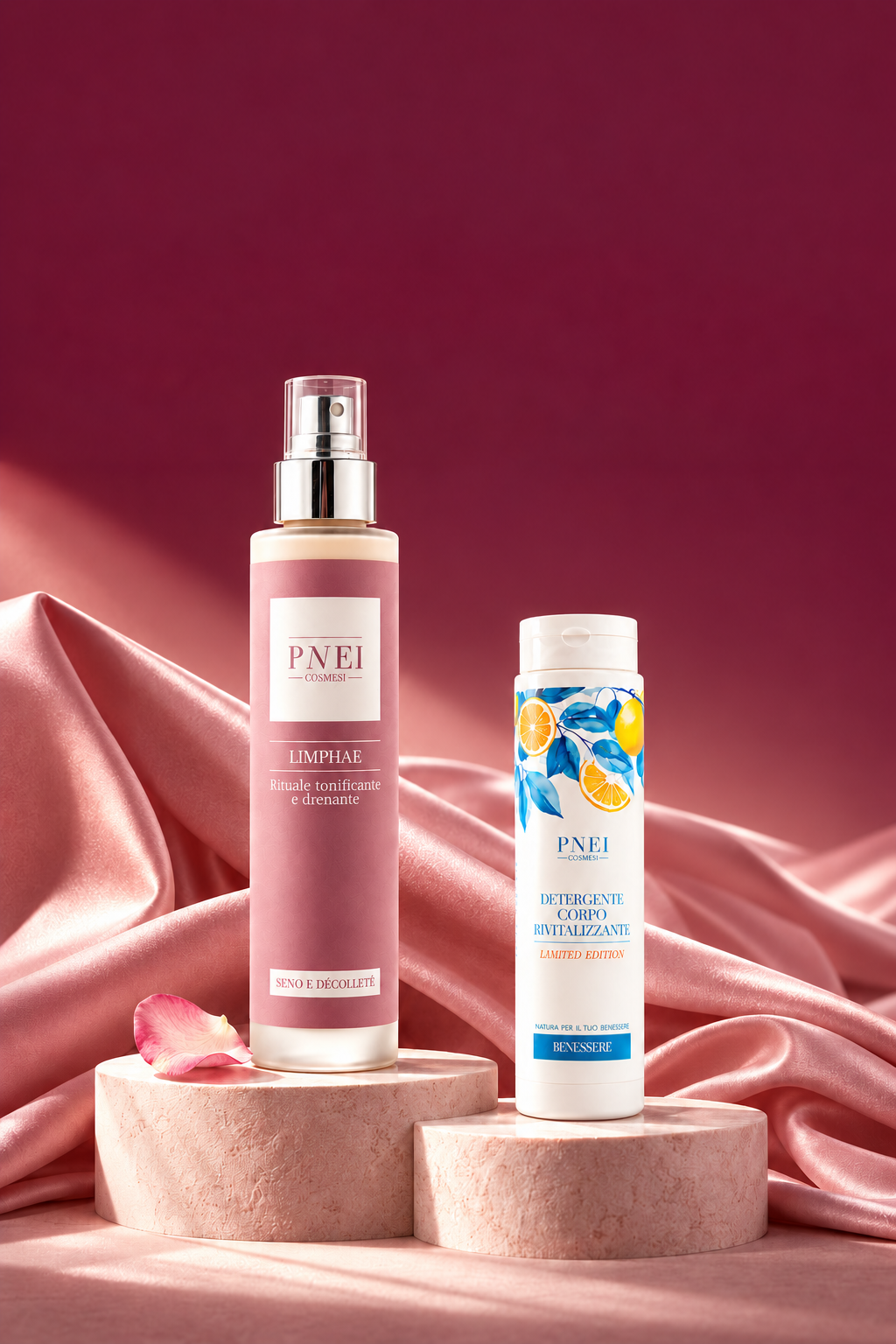 LIMPHAE e Detergente Corpo Rivitalizzante su seta rosa per Ottobre in Rosa