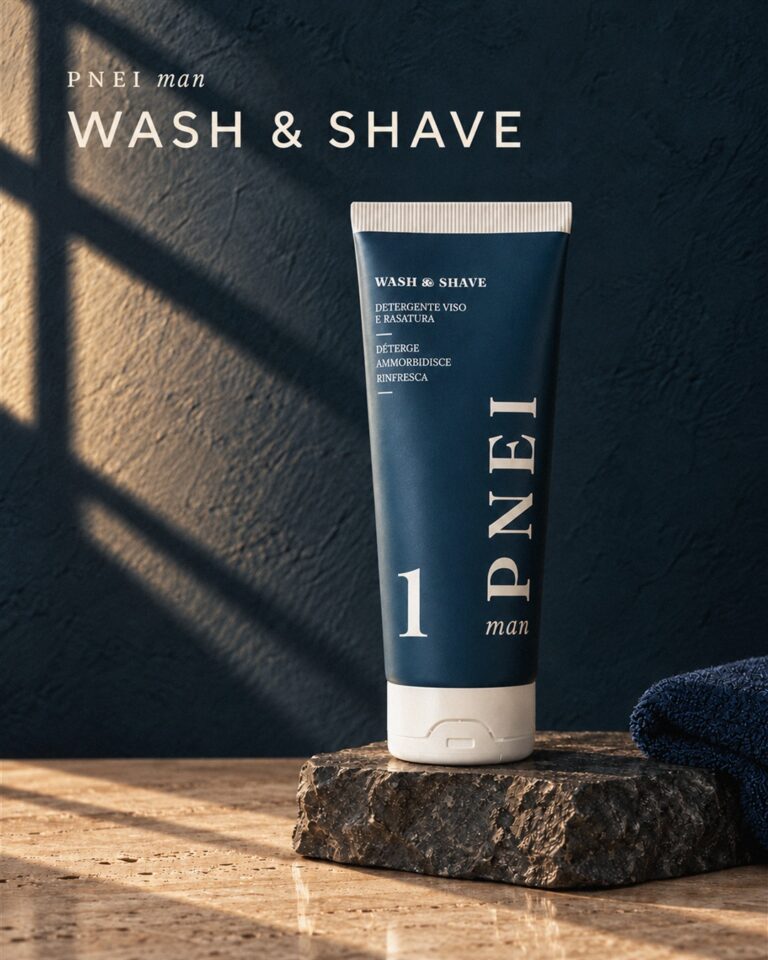 Detergente Viso e Rasatura PNEI man su pietra, con luce e ombre sulla parete blu