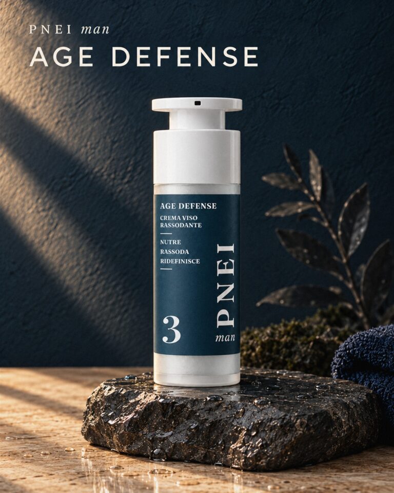 Crema Viso Rassodante PNEI man Age Defense su pietra bagnata con dettaglio botanico