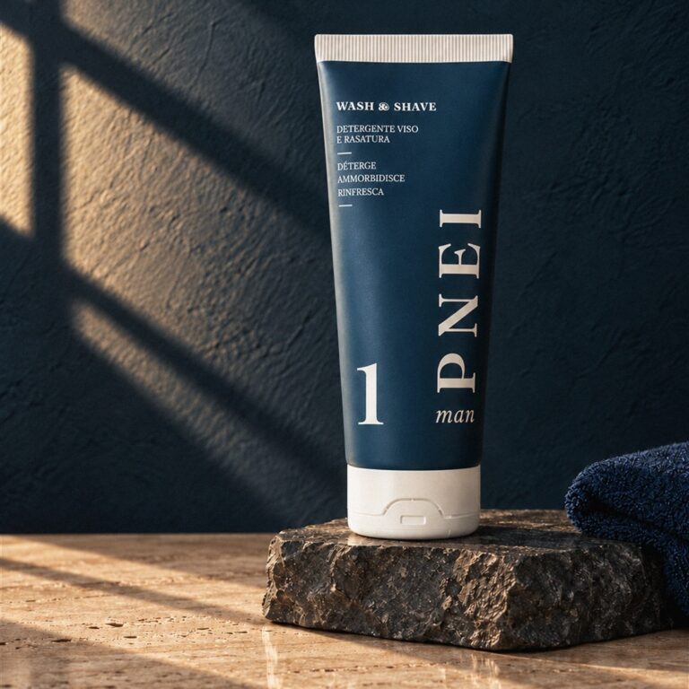 Detergente Viso e Rasatura PNEI man su pietra, foto quadrata