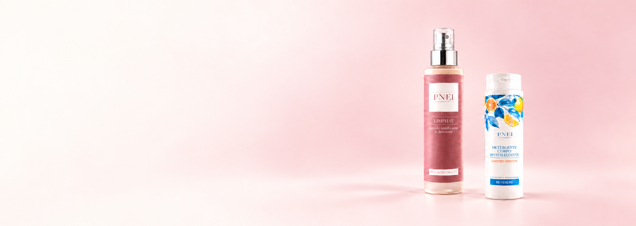 Ottobre in Rosa: LIMPHAE e Detergente Corpo Rivitalizzante su sfondo sfumato rosa cipria e avorio