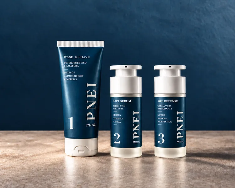 Linea PNEI man: detergente viso e rasatura, siero viso liftante e crema viso rassodante su un piano in pietra