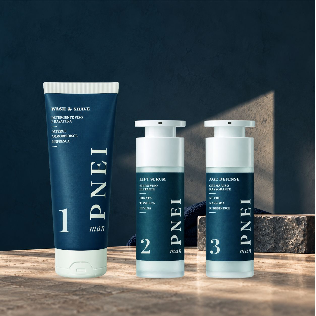 Rituale PNEI man, le tre confezioni originali in ambientazione premium