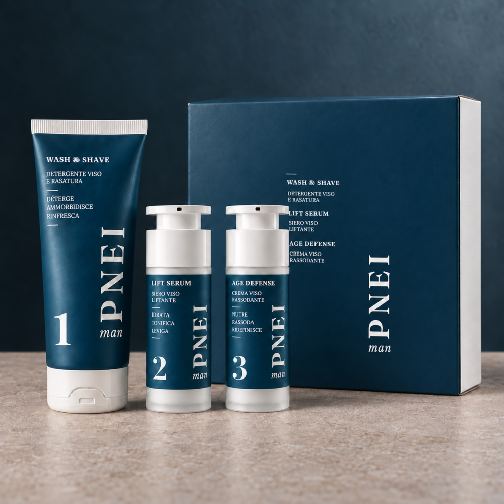 Cofanetto PNEI man con scatola, Detergente Viso e Rasatura 100 ml, Siero Viso Liftante 30 ml e Crema Viso Rassodante 30 ml, su un piano in pietra.