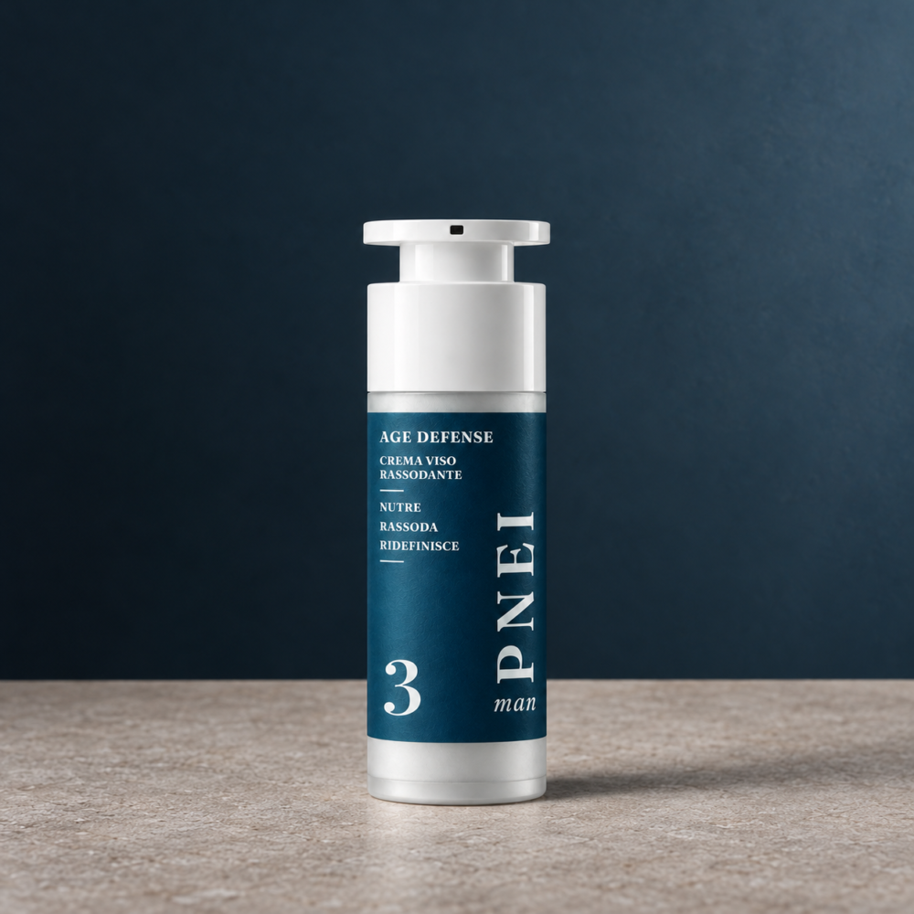 Crema Viso Rassodante PNEI man 30 ml su un piano in pietra, con luce morbida da studio.