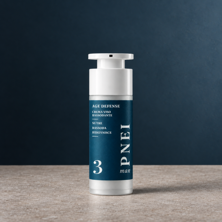 Crema Viso Rassodante PNEI man 30 ml su un piano in pietra, con luce morbida da studio.