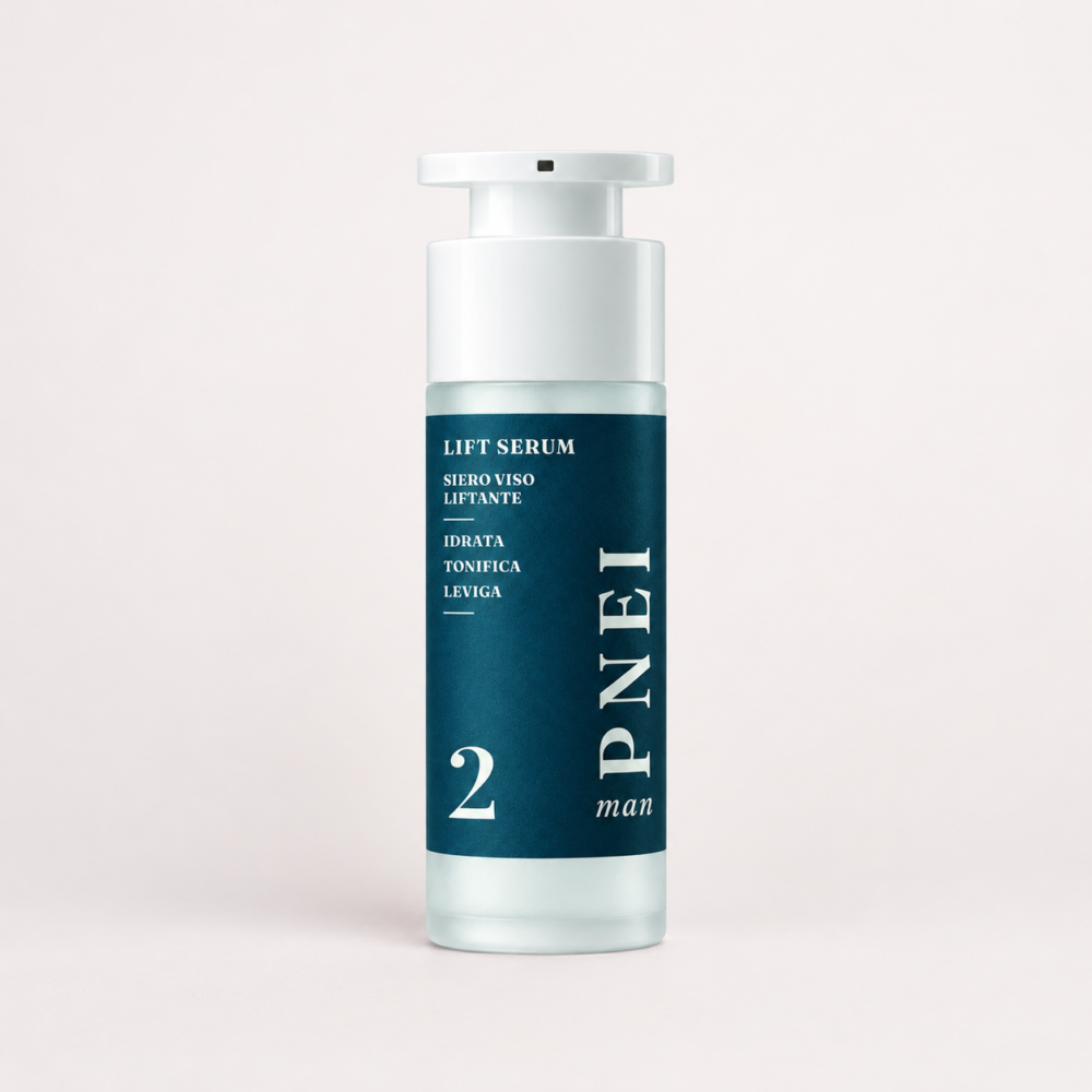 Siero Viso Liftante PNEI MAN LIFT SERUM 30 ml su fondo chiaro caldo